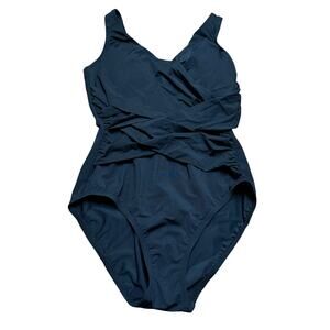 Lands End Womens Solid Black One Piece Swim Suit Slimming Wrap Size 8P Petite